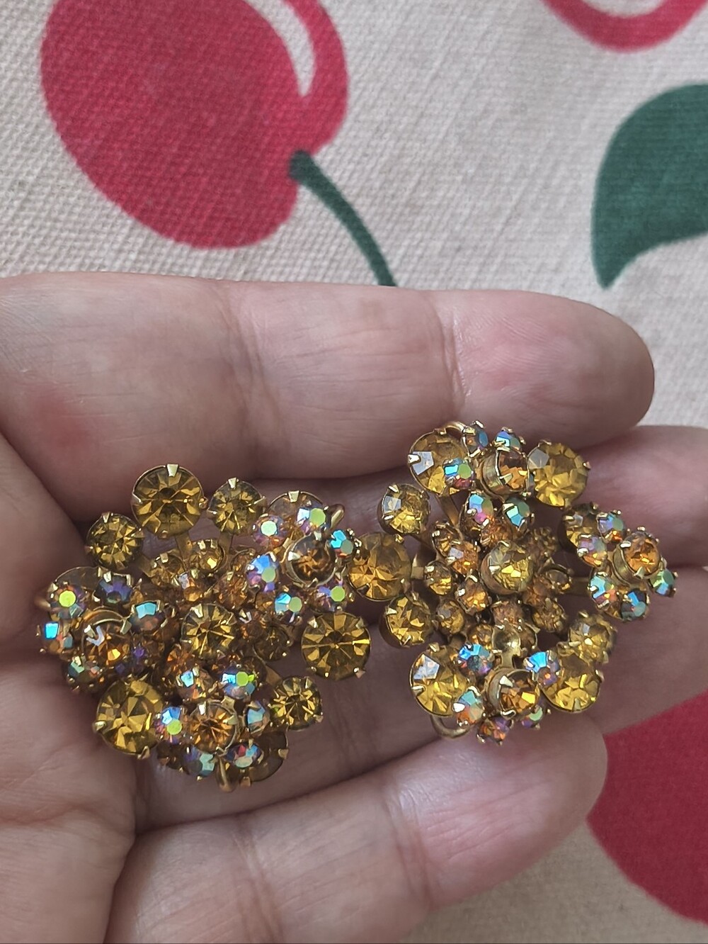 Beautiful AB Vintage Gold Tone Clip On Earrings. Estate Find. Fall Colors!